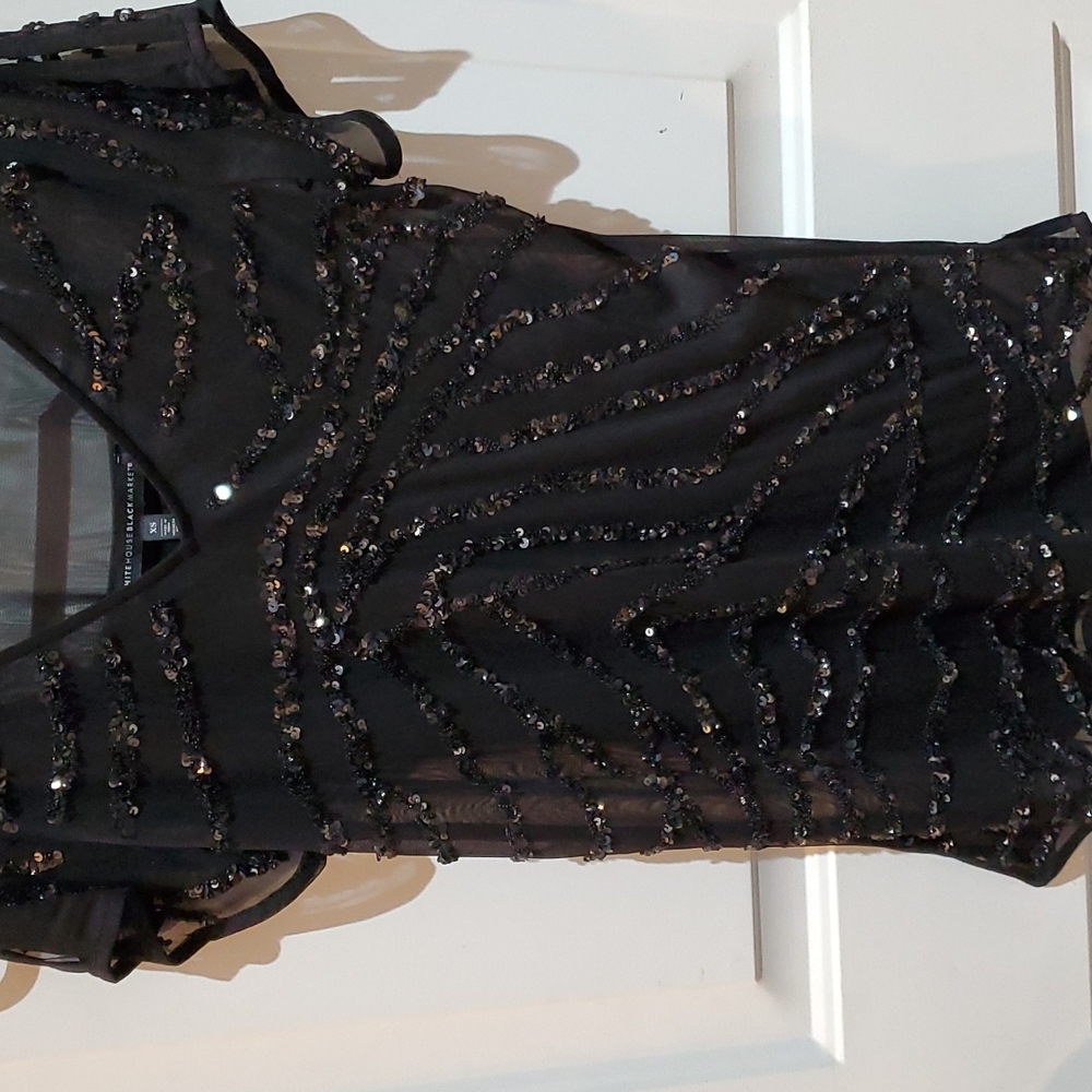 White House Black Market beaded, sequined, cut out shoulder top